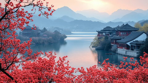 水边古建筑与盛开红花的风景