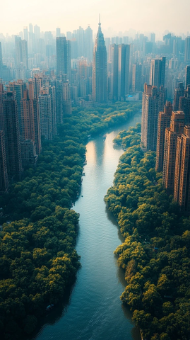 城市河流两岸林立高楼的鸟瞰全景