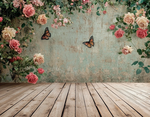 玫瑰蝴蝶木地板摄影背景