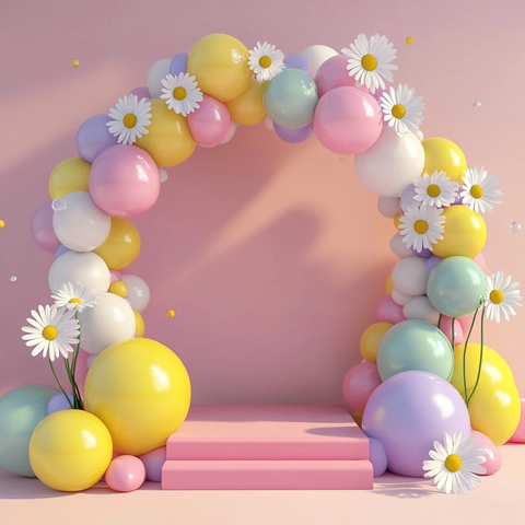 彩色气球拱门与雏菊装饰