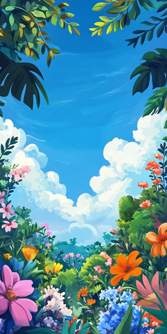 蓝天白云与花草