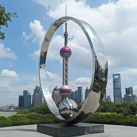 东方明珠塔前的特色环形雕塑