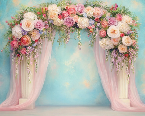 粉色窗帘与花拱