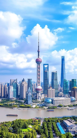 东方明珠塔下的城市摩天大楼群鸟瞰全景