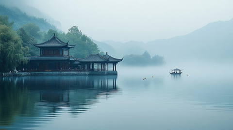 湖面上古亭静立小船悠悠的诗意风光