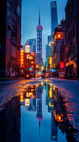 上海老街夜景灯光璀璨倒映水中