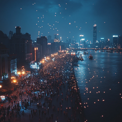 城市江边夜景人群聚集灯火通明