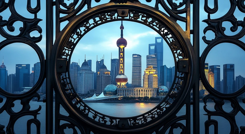 透过铁艺围栏观赏东方明珠城市景观