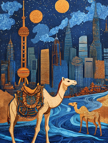 城市夜景中的骆驼剪影