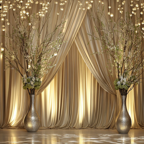 金色幕布与银绿花枝