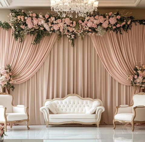 婚礼舞台背景白色沙发粉色窗帘
