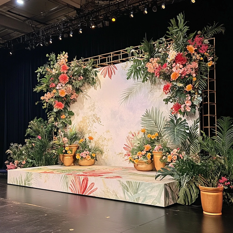 展览舞台背景与花卉装饰