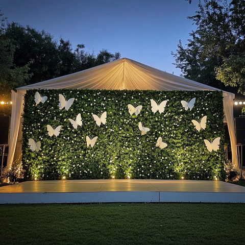 户外白色大帐篷舞台蝴蝶绿墙