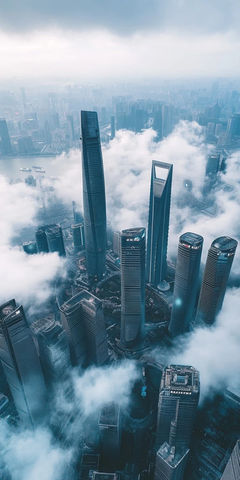 云雾中俯瞰现代化都市的摩天大楼群