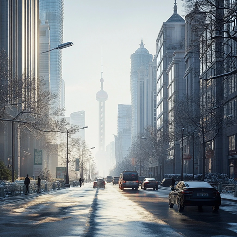 冬日清晨城市街道车流景象