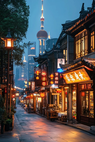 东方明珠附近古色古香的商业街夜景