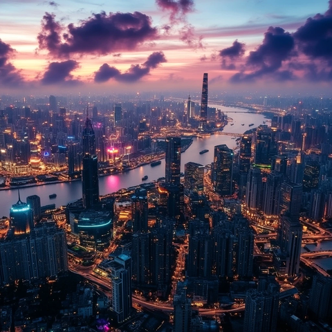 城市夜景鸟瞰图河流两岸高楼灯火辉煌