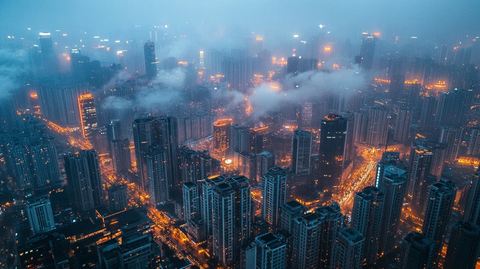 雾中城市夜景俯瞰全景