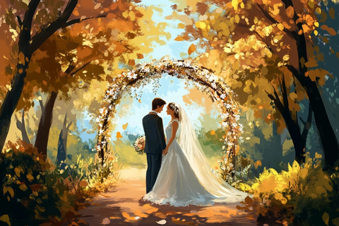 婚礼公园拱门下的新郎新娘