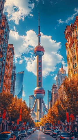 城市街道中的东方明珠塔