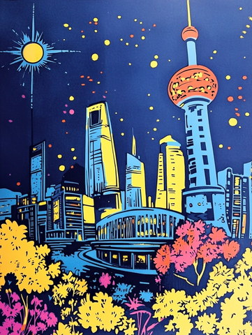 上海夜景下的东方明珠及周边建筑