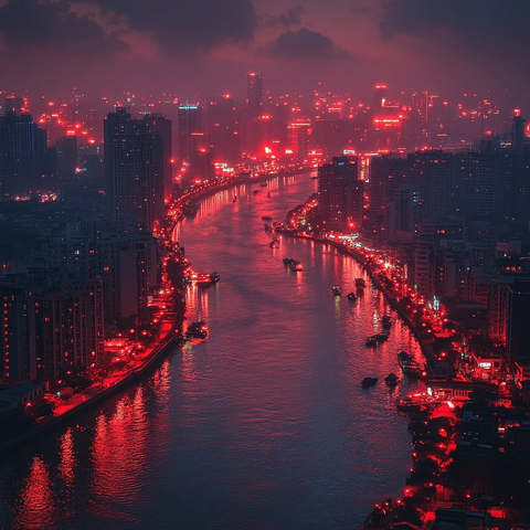 城市河流夜景灯火辉煌的航拍风光