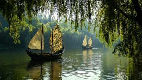 水面上的帆船与绿树相映成趣的自然景象