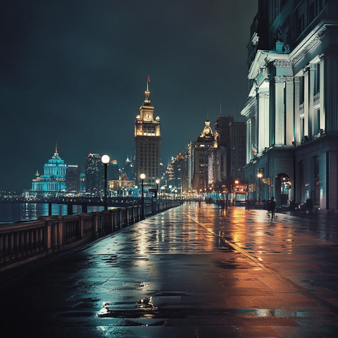 雨夜中的城市街道与灯火通明的高楼