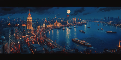 夜晚灯火辉煌的城市江景