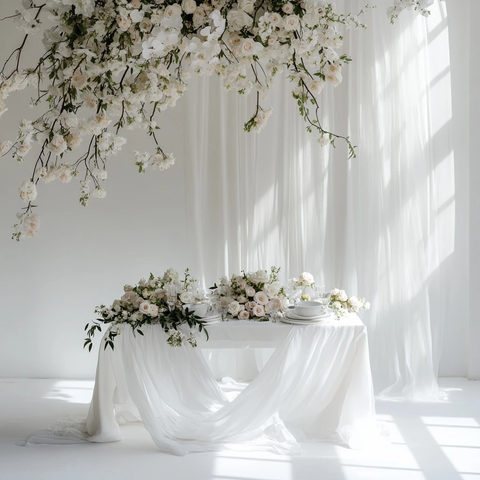 婚礼场景中的白色桌布和鲜花