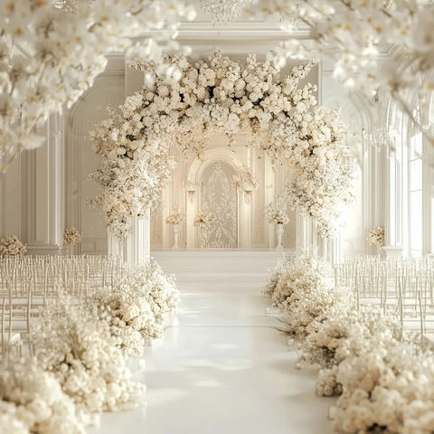 婚礼大厅白色花艺布置