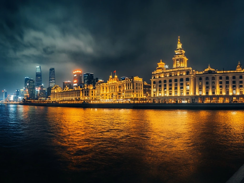 灯火辉煌的城市夜景下的河畔建筑