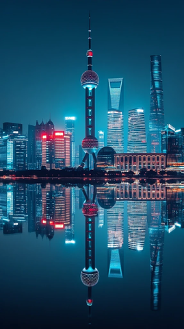 东方明珠夜景及周边摩天大楼的璀璨倒影