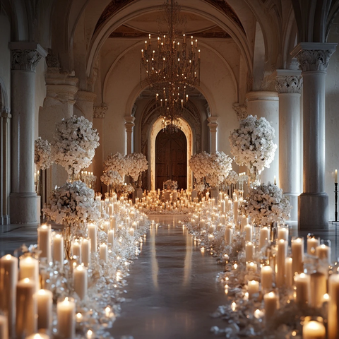 烛光与白花装饰的接待厅