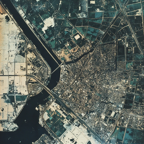 城市鸟瞰图展示城市建筑与河流分布