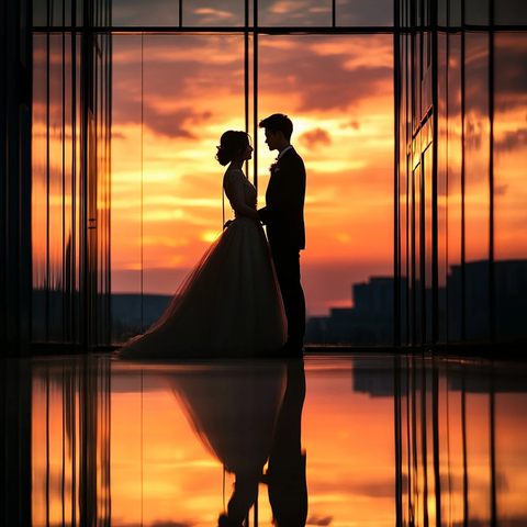 新娘新郎日落对视