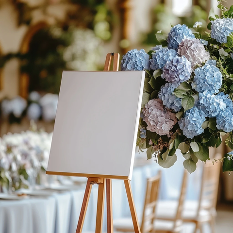 婚礼接待桌前的白色空白海报