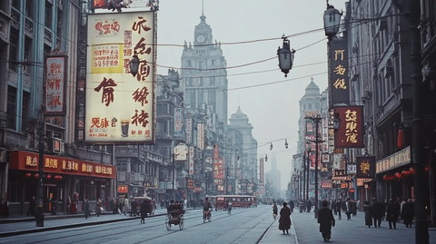 老上海街道景象行人车辆建筑广告交错