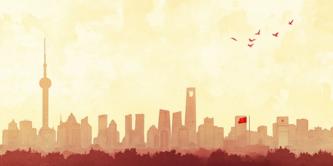 城市天际线剪影红旗飘扬的壮观景象