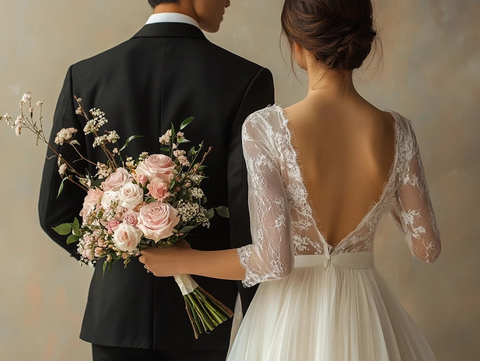 亚洲情侣婚礼背影