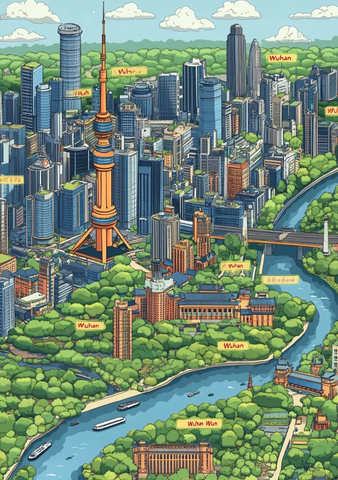 武汉城市鸟瞰图含黄鹤楼与长江景致