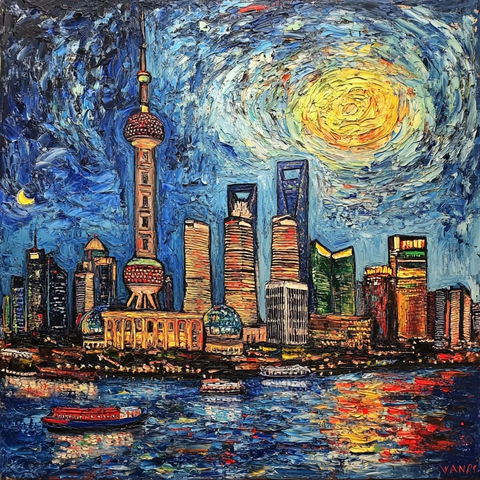东方明珠夜景油画风城市风光