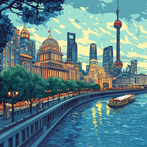 城市河流夜景河畔建筑灯火辉煌