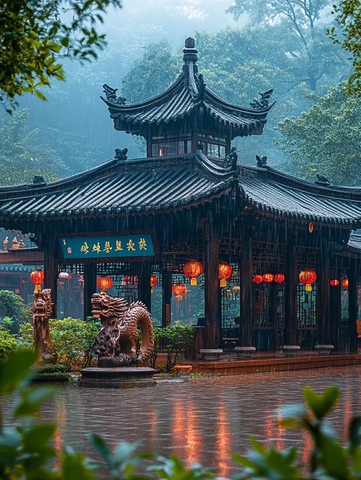 中式古建筑雨中景致