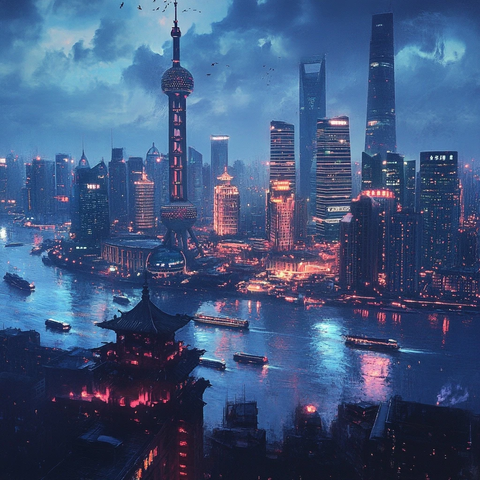 上海东方明珠夜景城市风光全景