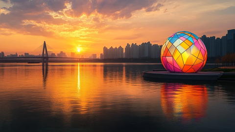 水边多彩球体雕塑与城市夕阳景色
