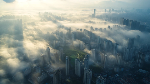 云雾中的城市高楼鸟瞰全景