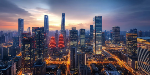 暮色下灯火辉煌的现代化大都市全景