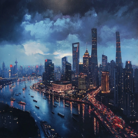 夜幕下灯火辉煌的城市河流两岸夜景