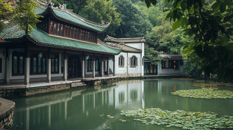 中式建筑旁池塘景色